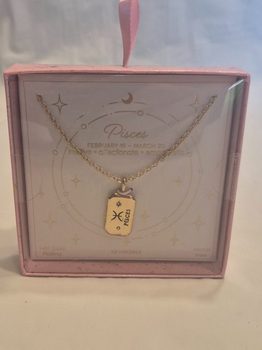 14k Yellow Gold Plated Pisces Zodiac Sign Necklace Reversible Design NWT